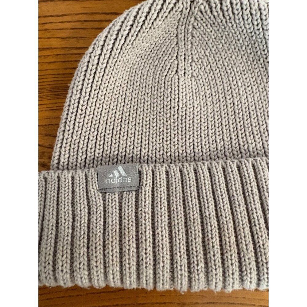Adidas Beige Knit Fold Beanie Hat Ribbed Cuff Unisex One Size Std Fit Silhouette - Picture 2 of 6